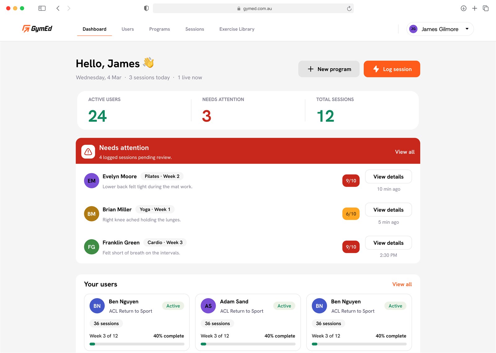 The GymEd practitioner dashboard — active clients, sessions needing review and client progress in one view